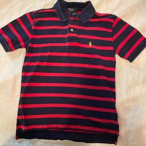 POLO SHORT SLEEVE SHIRT: 8/10 with collar. Navy Blue &red horizontal Stripes